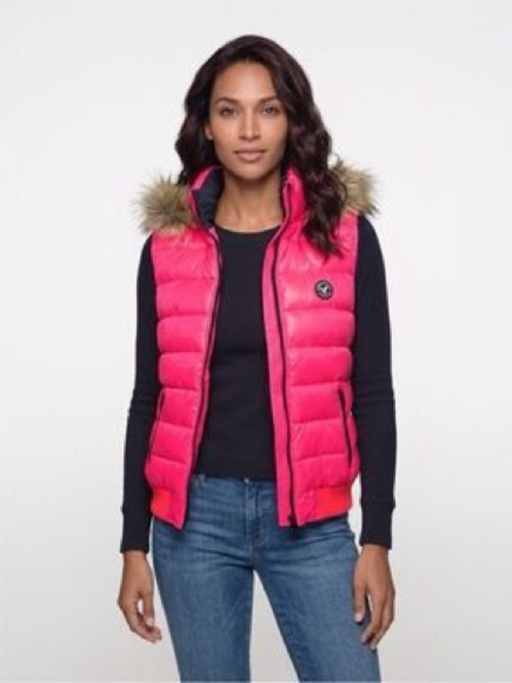 American Eagle Outfitters Hot Pink Puffer Vest with Faux Fur Hood